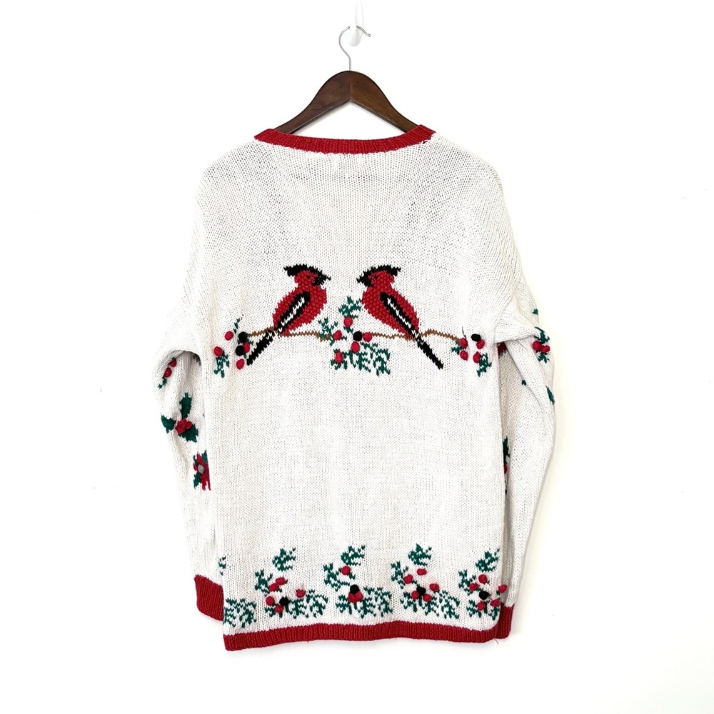 Vintage Holiday Cardinal Cardigan | Poinsettia Christmas Sweater | Cotton | M - Picture 2 of 9
